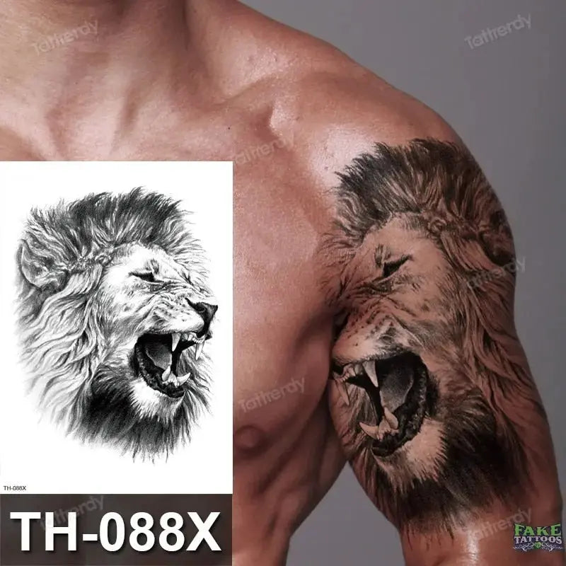 Lobo león tigre tatuaje animales bosque impermeable grande tatuaje temporal mujeres pierna muslo cadera sexy cuerpo tatuaje pegatinas negro falso