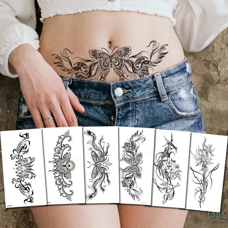 women temporary tattoo stickers black henna lace mandala flower butterfly waist tattoo water transfer sexy body art fake tattoos