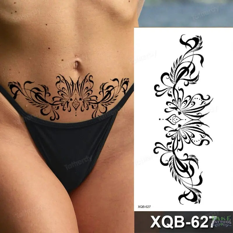 women temporary tattoo stickers black henna lace mandala flower butterfly waist tattoo water transfer sexy body art fake tattoos