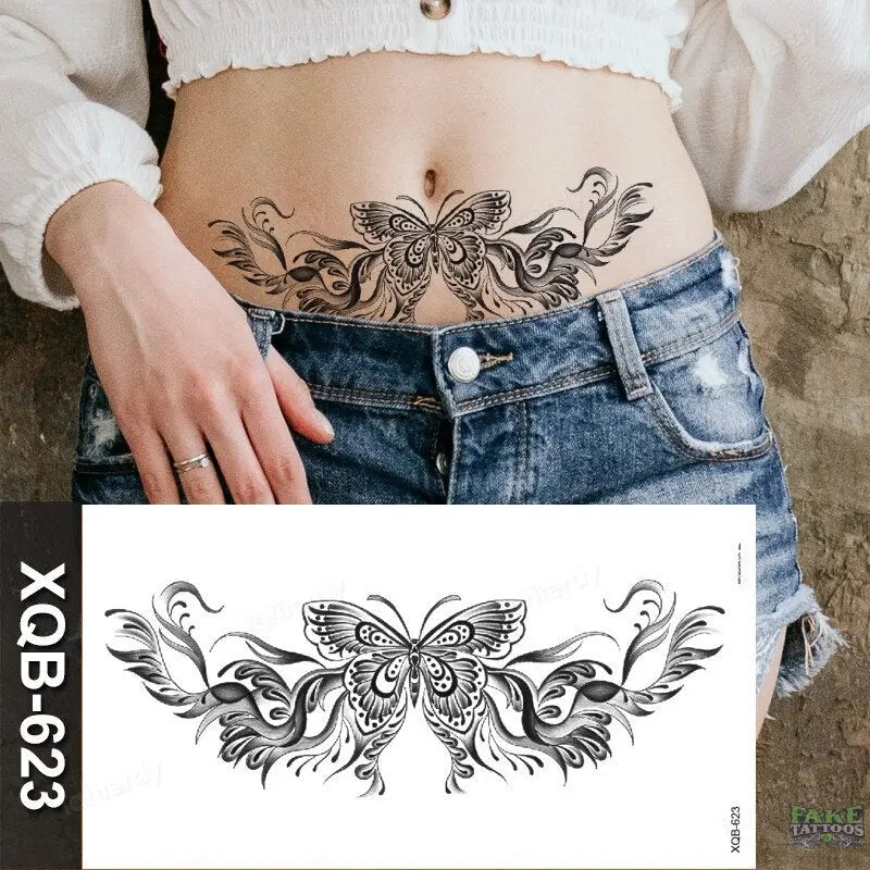 women temporary tattoo stickers black henna lace mandala flower butterfly waist tattoo water transfer sexy body art fake tattoos