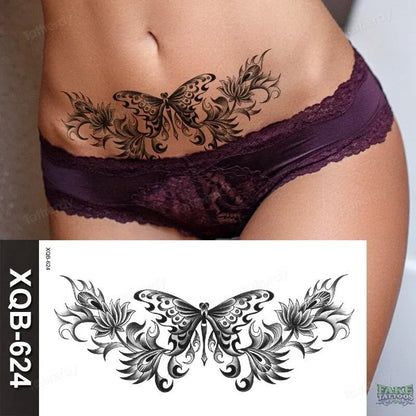 women temporary tattoo stickers black henna lace mandala flower butterfly waist tattoo water transfer sexy body art fake tattoos