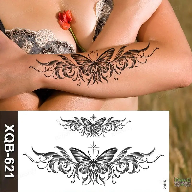 women temporary tattoo stickers black henna lace mandala flower butterfly waist tattoo water transfer sexy body art fake tattoos