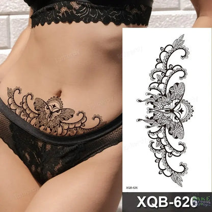 women temporary tattoo stickers black henna lace mandala flower butterfly waist tattoo water transfer sexy body art fake tattoos